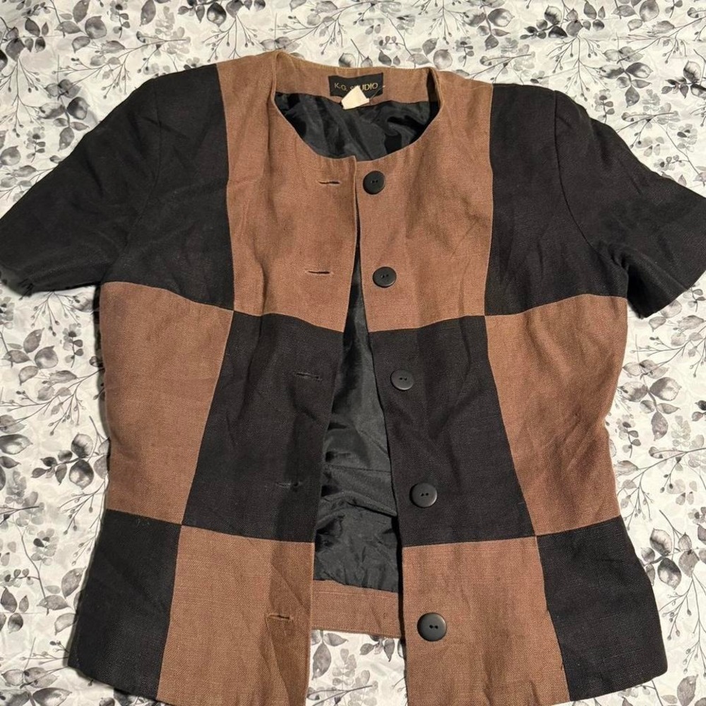 Vintage 80s Linen Button up Colorblock Blouse size medium - Picture 4 of 7